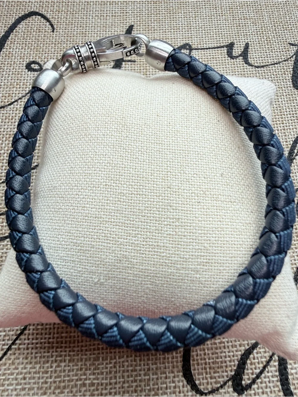 Men's Braided Leather Bracelet with Silver Clasp - Navy